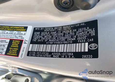 2012 Toyota Camry Se z USA, uszkodzony, nr VIN 4T1BF1FK8CU186210